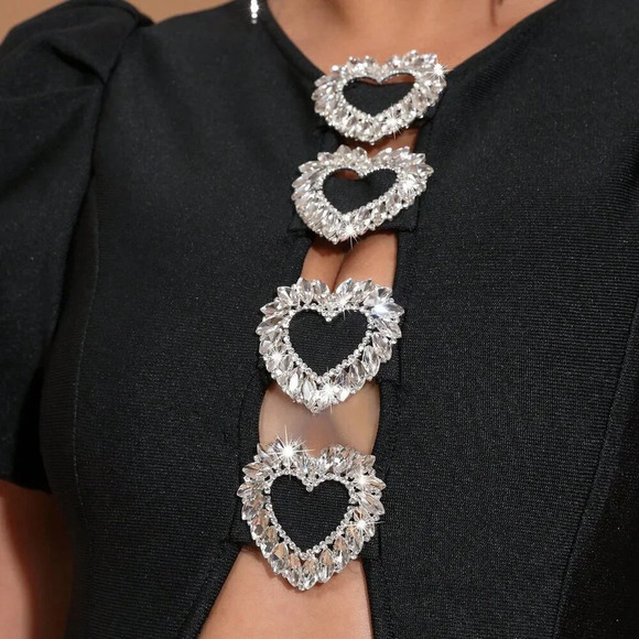 Black Sexy Women's Hollow-Out Bubble Sleeve Metallic Heart Bandage Long Dress - Picture 8 of 8